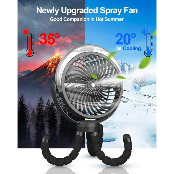 Misting Stroller Fan, 6000mAh Battery Operated Portable Fan with Light & 360° Pivoting Flexible Tripod fan for Baby, Office, Travel,Treadmill,Outdoors Black