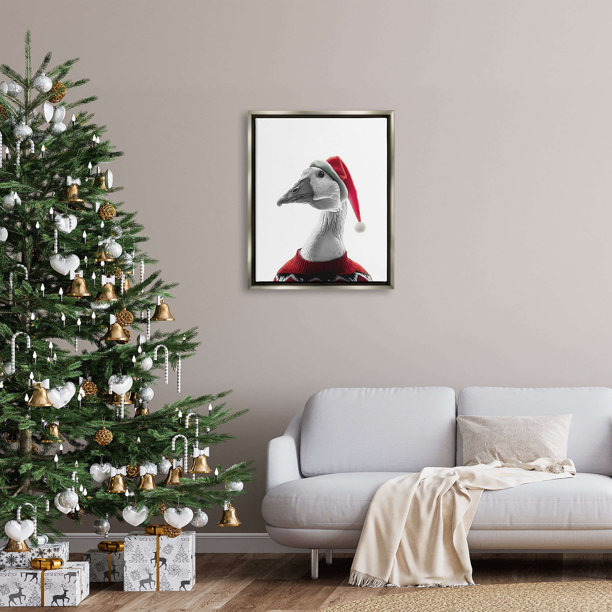 Stupell Industries Duck in Santa Hat Holiday Painting Gray Floater Framed Canvas Art Print Wall Art, 25 x 31