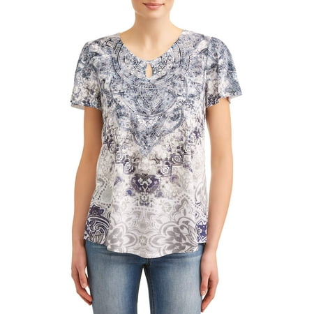 Time and Tru - Women's Flutter Sleeve Keyhole Sublimation T-Shirt ...