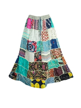 Mogul Patchwork Gypsy Skirt Tiered Maxi Long Rayon Boho Floral Flared Vintage Retro Skirts