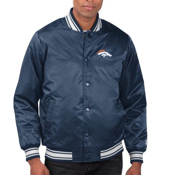 Men's Starter Navy Denver Broncos Printed Team Logo Satin Varsity Full-Snap Jacket