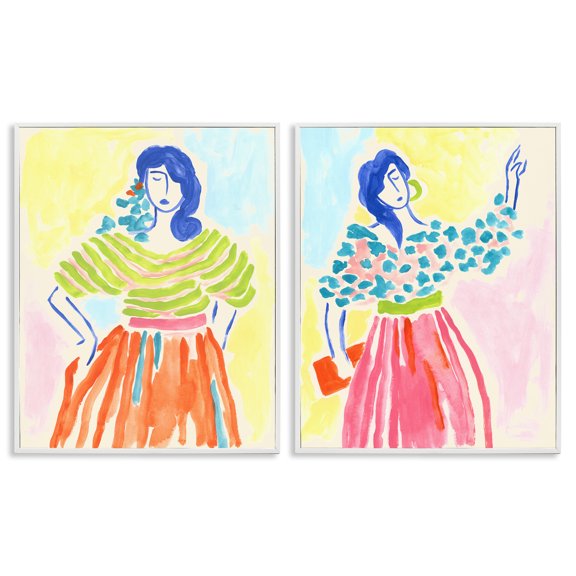 Stupell Industries Stylish Women Bright Hues People Painting White Framed Art Print Wall Art, 16 x 20, Set of 2
