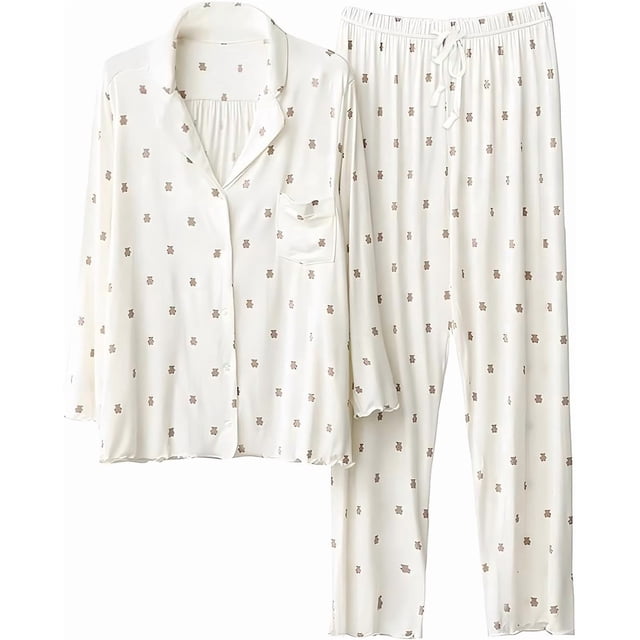 Conjunto de Pijama de Algodón Modal de Manga Larga para Mujer, Conjunto de Pijama de Dos Piezas Superior E Inferior, Conjunto de Pijama con Botones