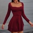 thumbnail image 6 of Gamivast Cocktail Dresses for Women Long Sleeve Square Neck Solid Skater Dress Ruffle Hem Mini Dress Fit and Flare Party Club Night Out Date Night, 6 of 8