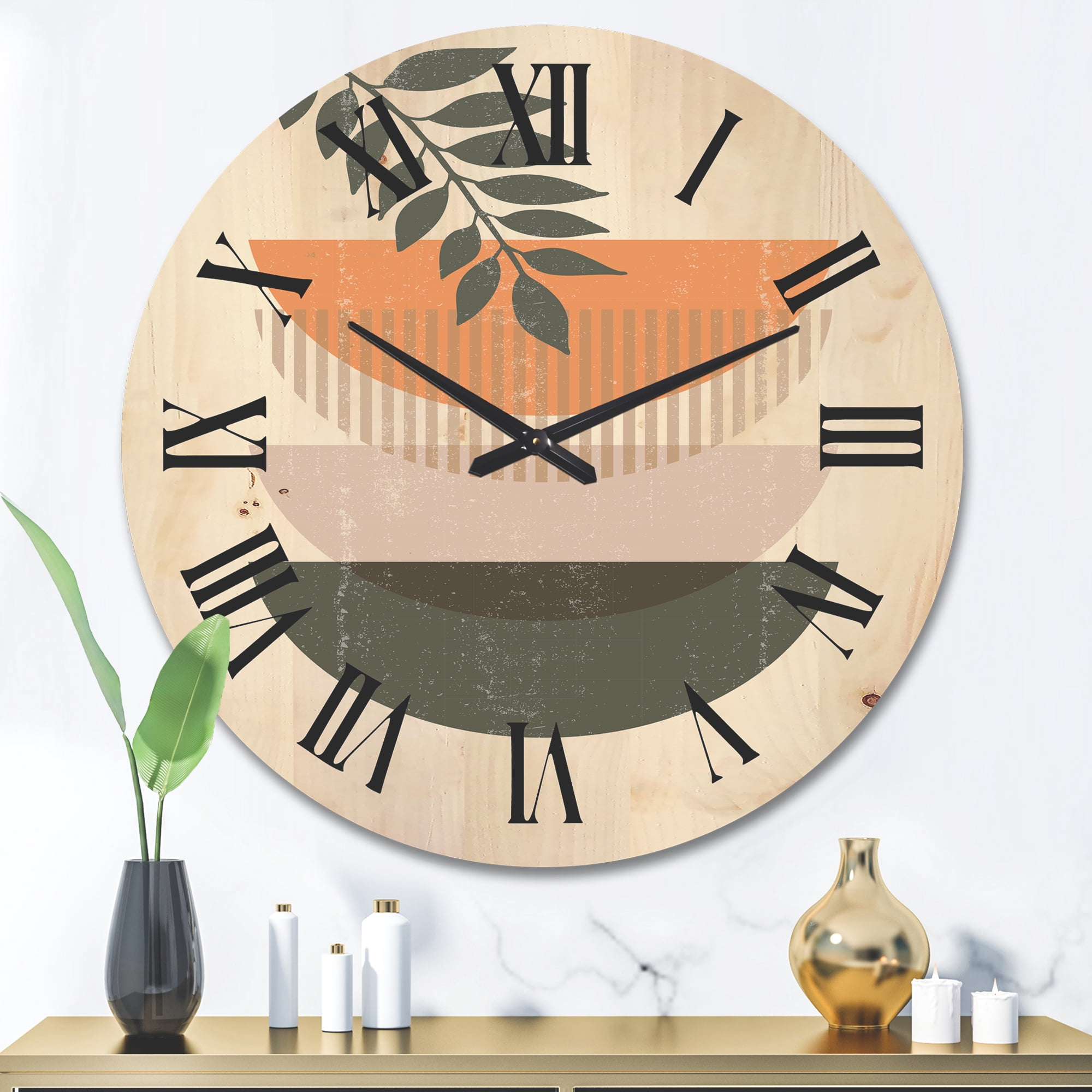 Designart 'Abstract Geometrical Moon and Sun With Leaf II' Modern Wood Wall Clock