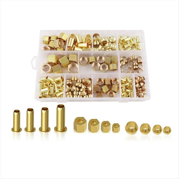 220PCS Compression Fittings Assortment Kit - 4 Sizes (1/4in, 3/8in, 5/16in, 1/2in) of Brass Compression Sleeve Ferrule