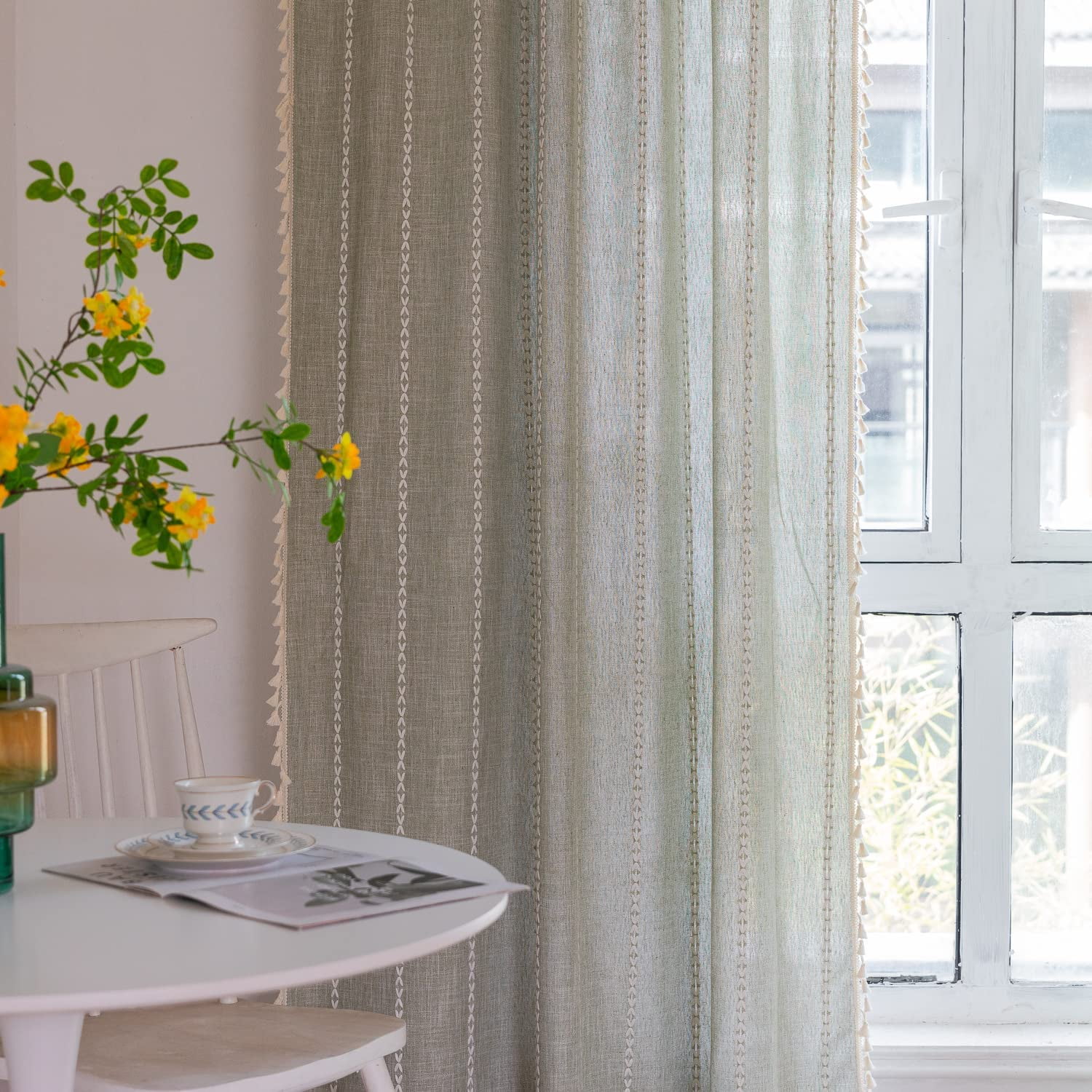 Psoiuetr Green Boho Curtains for Bedroom Living Room Linen Cotton Embroidered Semi Blackout Farmhouse Window Treatment Drape Vintage Tassels Rod Pocket 1 Panel 52" W x 63" L