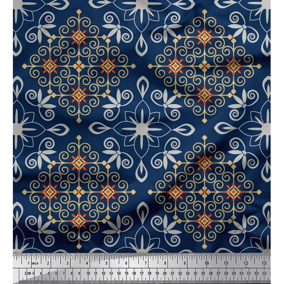 Soimoi polyester Crepe Fabric Filigree Damask Printed Fabric 1 Yard 42 Inch Wide