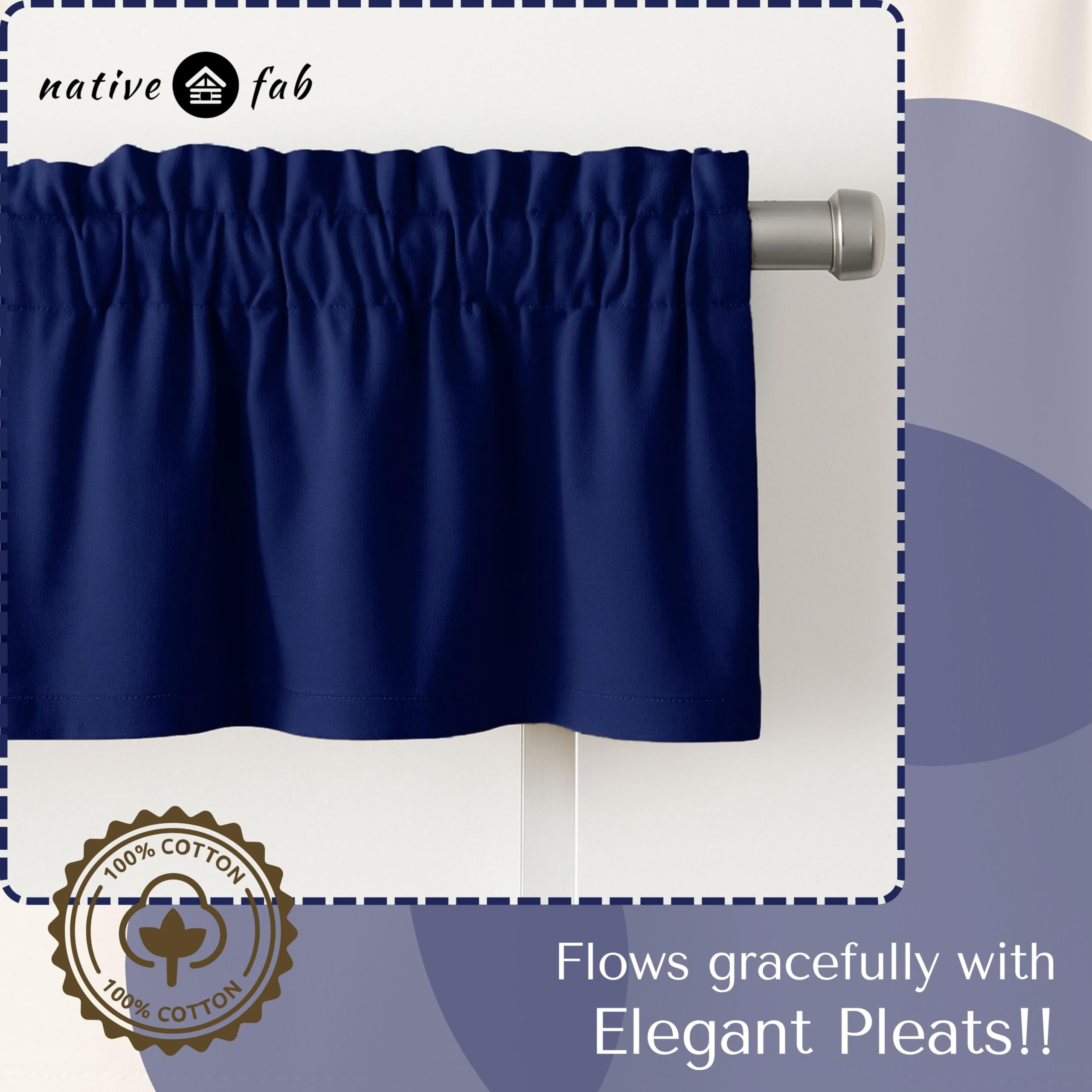 Native Fab Set of 2 Valance Curtains for Windows 54"x18" for Living Room Bedroom Kitchen Windows Bathroom, Farmhouse Vintage Curtain Valances Rod Pocket - Ink Blue