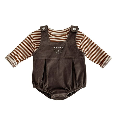 

Baby Girls Boys Autumn Striped Ribbed Cotton Tshirt Romper Gallus Bodysuit Tops Set Outfits Clothes For 6-12 Months