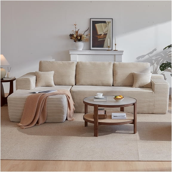 JERFIT 105" Modular Cloud Sectional Sofa with Chaise, Beige Plush Corduroy Fabric, Deep Seating Couch for Living Room, No Tools Assembly Required