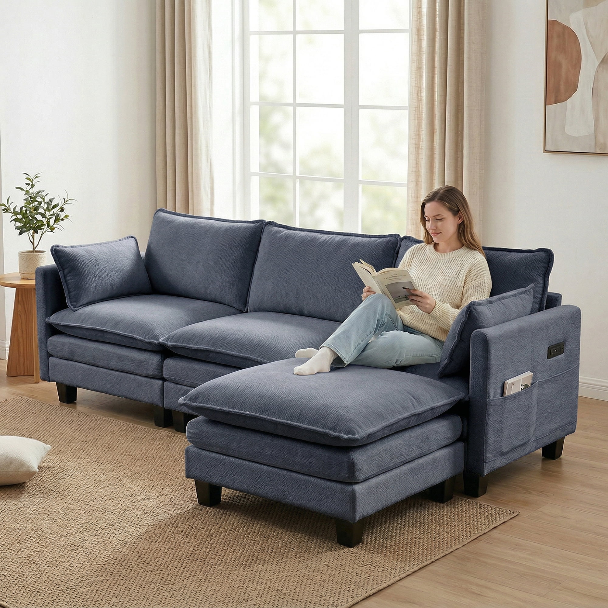 Modern 110"W Chenille L-Shape Sectional Sofa Set,3-Seat Sofa Couch + Ottoman, USB Port, Side Pocket