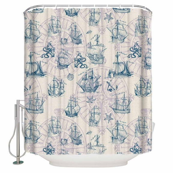 Fabric Shower Curtain, Summer Ocean Nautical Vintage Compass Sailing Ship Octopus Linen Shower Curtains with 12 Hooks Waterproof Machine Washable Bath Curtains for Bathroom,54 x 78in