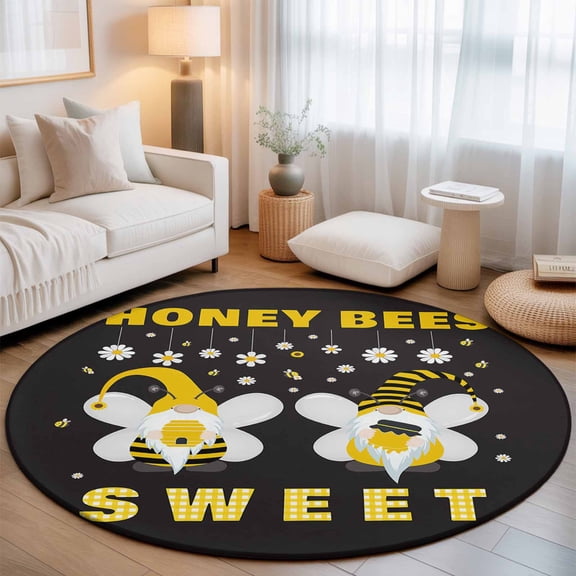 Honey Sweet Round Area Rugs 3 ft, Gnomes Bees Daisy Black Washable Small Area Rug with Non-Slip Sturdy Edge Binding Round Front Door Mat Floor Carpet for Entryway