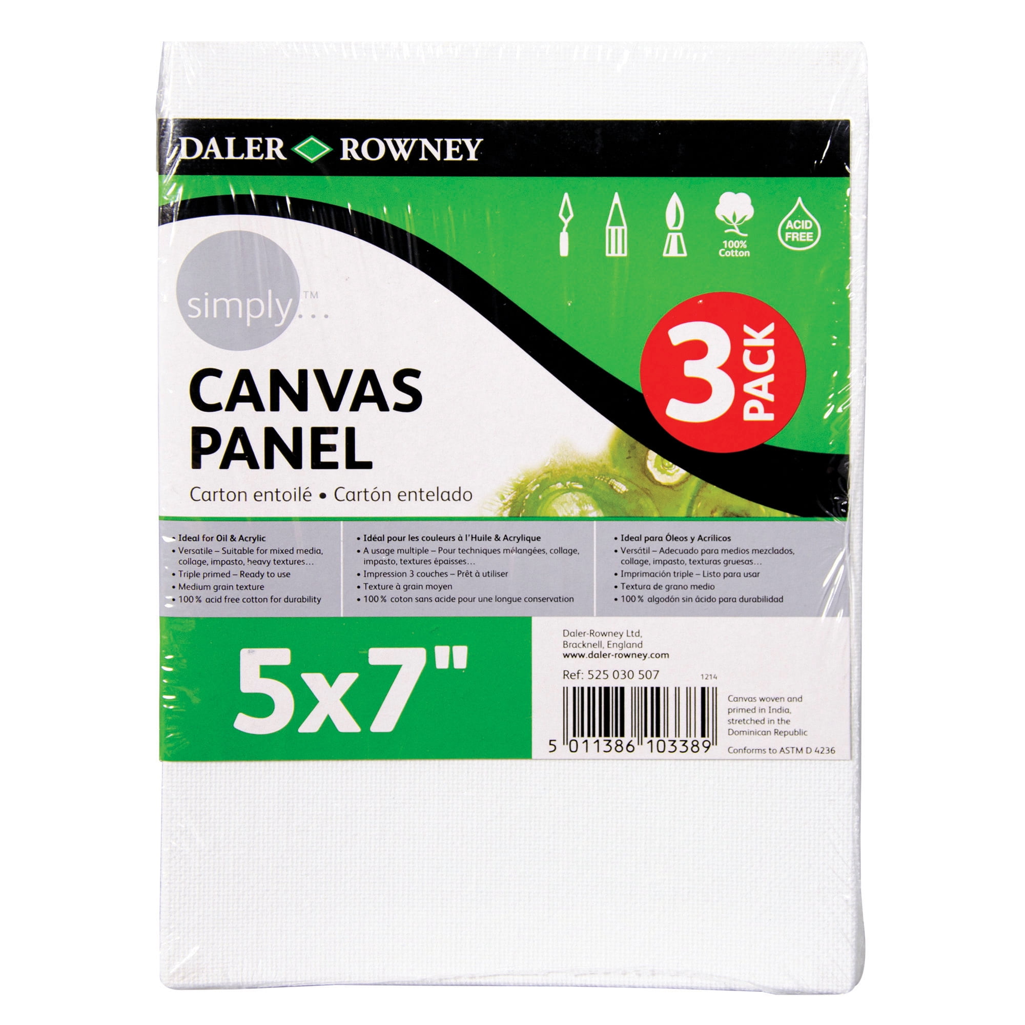 Daler-Rowney Simply White Canvas Panels Set, 5" x 7", 3 Per Pack, 6 Packs
