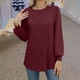 thumbnail image 2 of Lenpel Women's Embroidered Eyelet Tops Dressy Lantern Long Sleeve Crew Neck Pleated Loose T Shirts Business Casual Blouses(Wine,XX-Large), 2 of 7