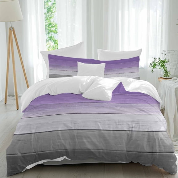 3 Piece Purple Gray Duvet Cover Set Full Size,Microfiber Comforter/Quilt Cover with Corner Ties and 2 Pillowcases,Vintage Rustic Abstract Striped Wooden Grain All Season Bedding with Zipper Closure
