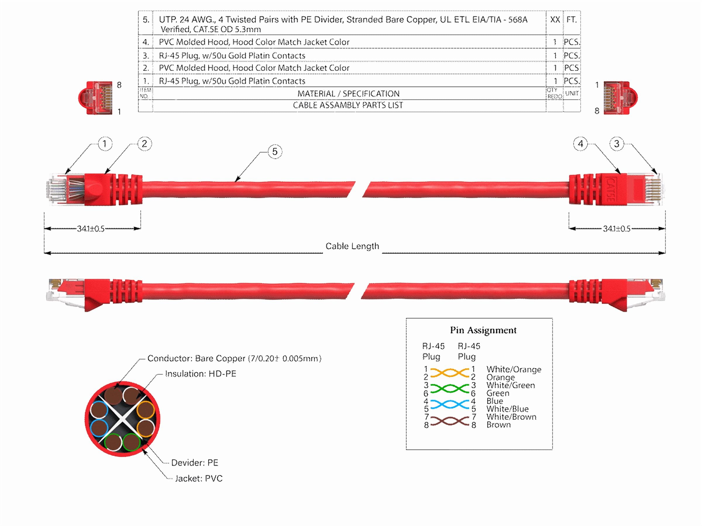 Cable Leader 100ft Cat5e UTP Ethernet Network Patch Cable Snagless 24AWG Bare Copper, Red
