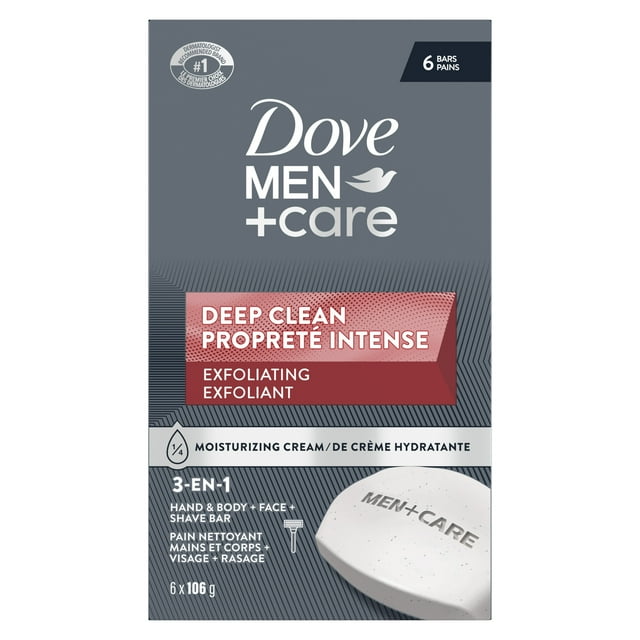 Dove Men+Care Deep Clean Hand & Body & Face & Exfoliation Bar Soap with purifying grains for healthy-looking and strong skin with ¼ moisturizing cream (6 Bars)