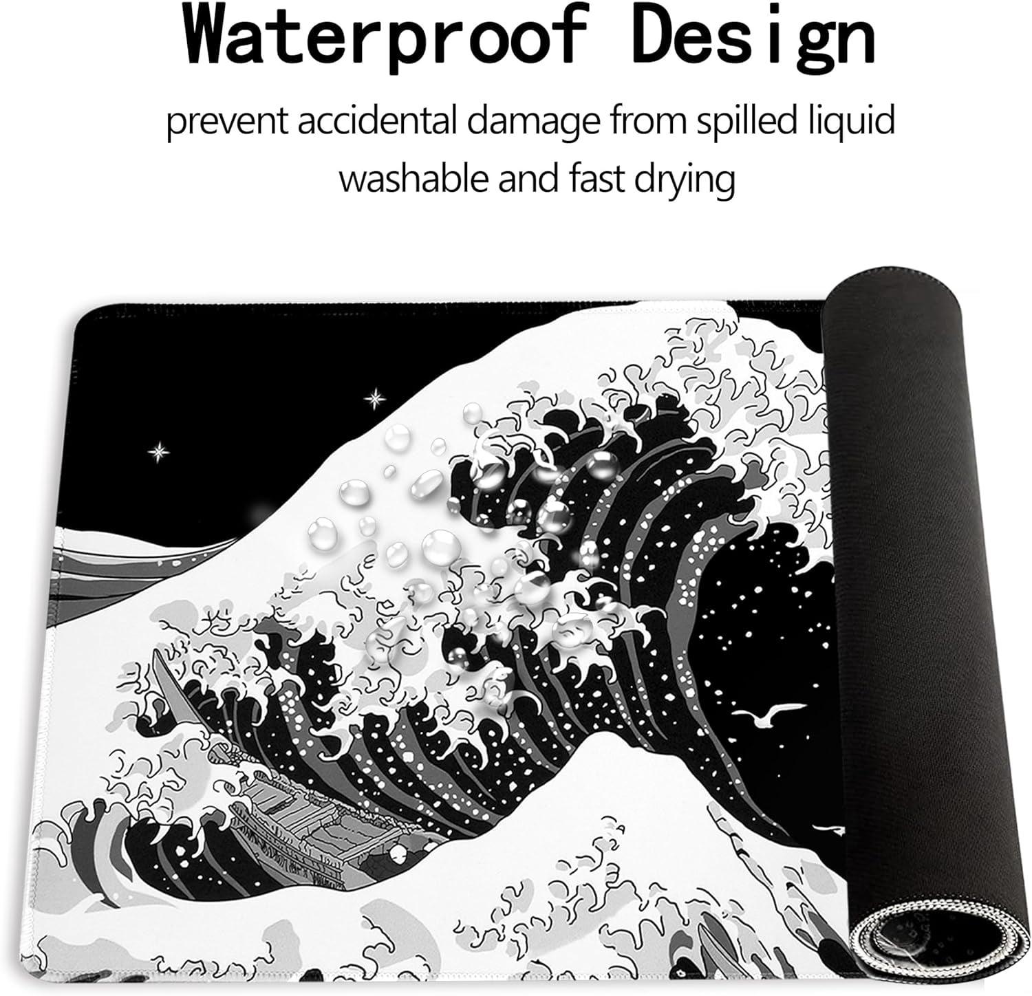 Black Gaming Laptop Mouse Pad,Sea Wave Big Mice Pads PC Keyboard Waterproof and Non-Slip 31.5" x 11.8" 0.12" Thick XL,XXL Rubber Table Mat, Kanagawa Surfing and Japanese Mouse Pads