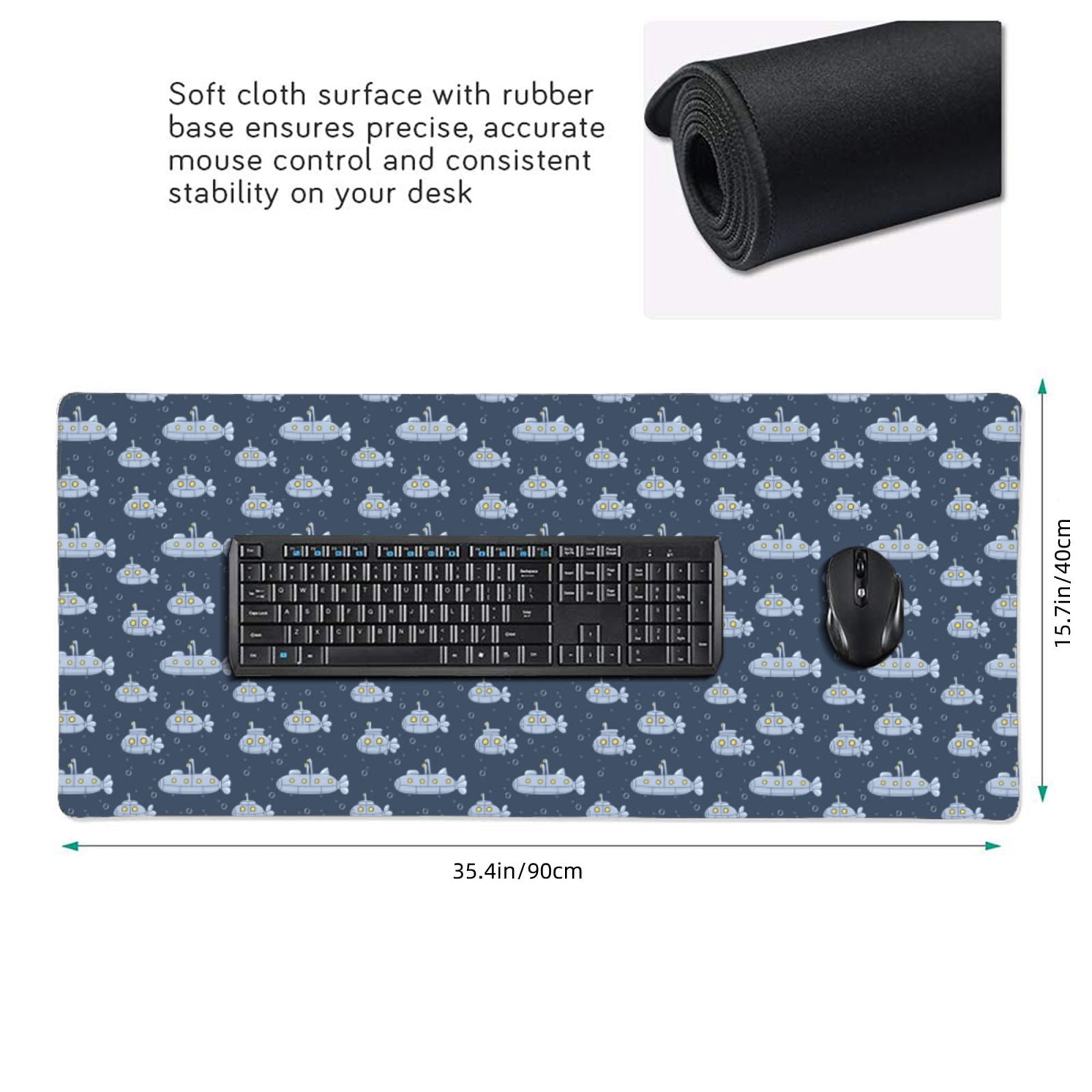 Hirioo Submarine With Periscope for Mouse Pad ,Anti-Slip Base, Durable Stitched Edges, Perfect for Gaming, Office, and Home Use,16x35.5in