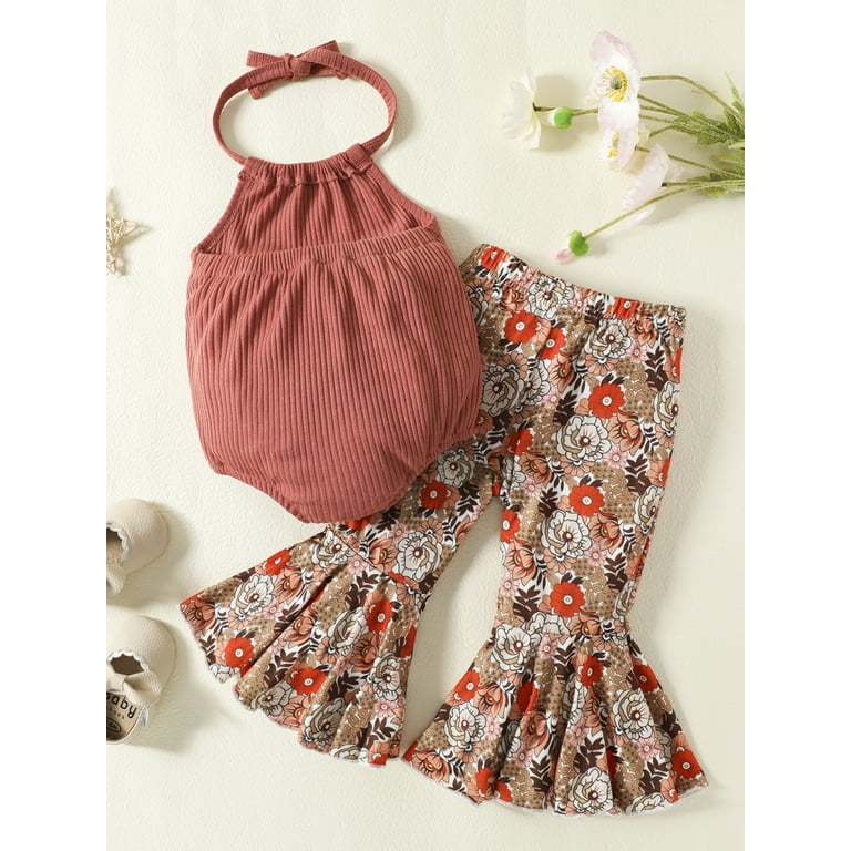 Bagilaanoe 0 24 Months Newborn Baby Girl Summer Clothes Set Ribbed Sleeveless Halter Neck Romper Tops Floral Print Flare Pants