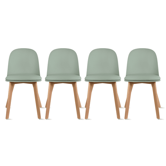 Set of 4 Armless Plastic Dining Chair Wood Legs for Dining Room Faux Leather Molded Seat With Cushion, Green