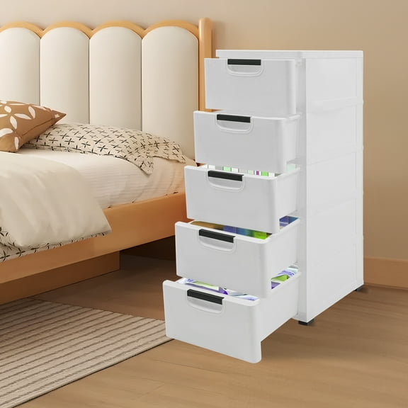 5-Drawer Storage Cabinet, White PP Plastic Organizer with Wheels, Space-Saving, Stackable Storage Unit for Bedroom, Closet, and Living Room
