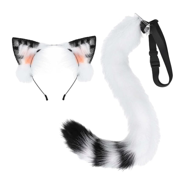 Diadema con orejas de gato y cola, orejas de animales, regalos divertidos de Halloween, vestido con orejas de felpa, accesorios de disfraz con orejas Blanco negro Yinane Cola