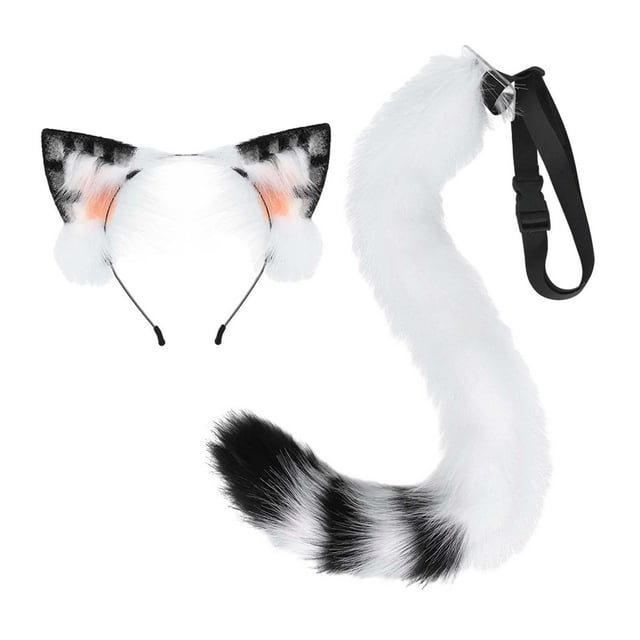 BELOVING Serre-Tête Oreilles de Chat et Accessoire de Costume à Longue Queue pour Jeu de Rôle de Carnaval Blanc Noir