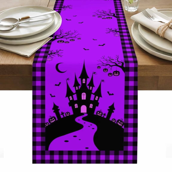 Halloween Purple Table Runner - 108 Inch Long, Kitchen Dining Table Runner Dresser Scarves, Cartoon Castle Bat Plaid Moon Black Farmhouse Decor for Coffee Tables Wedding Party Banquet