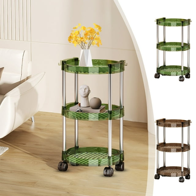 Soporte para estantería de almacenamiento enrollable de 3 niveles | Organizador de tranvía de plástico con ruedas | Café o verde | 22,44" x 11,81" | Salón, cocina, residencia | Montaje fácil, diseño