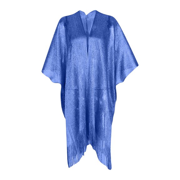QSAWXQZ Women's Shimmering Metallic Cover Up Wrap Batwing Sleeve Caftan with Tassel Fringe Loose Kaftan Blue Free Size