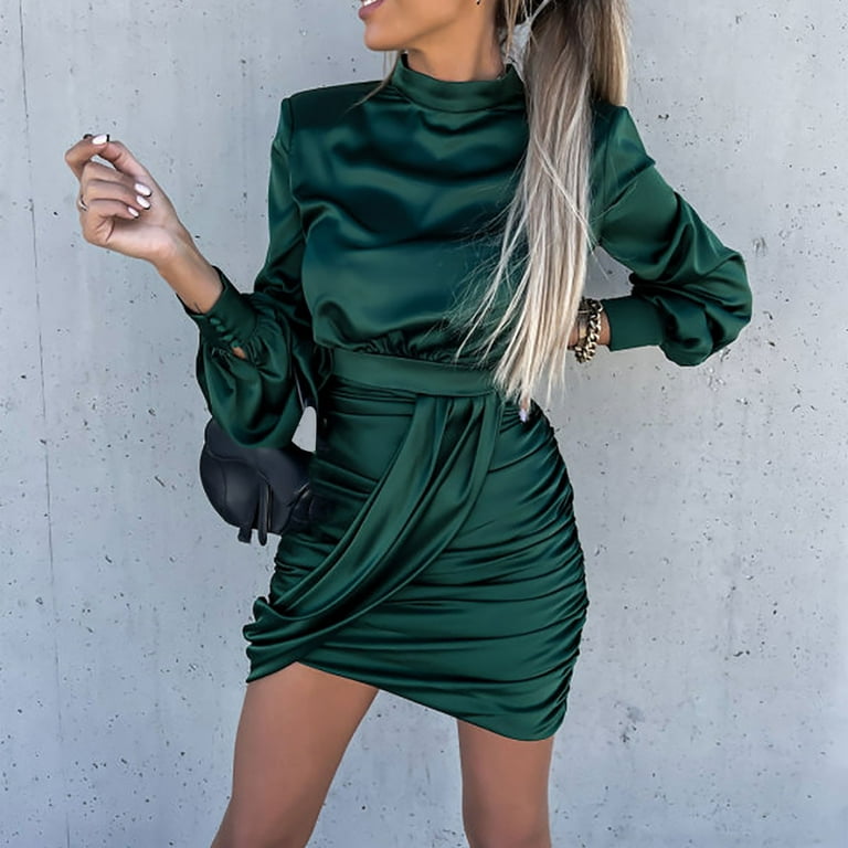 Women Solid Color Long Sleeve Party Dress Slim Fit O-neck Casual