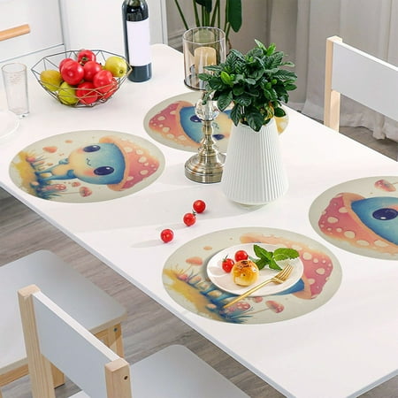 

Round Grid Placemat One Sizex1 Round Placemat PVC Plate Mat，15.4 Inch Non-Slip and Heat Resistant Table Placemat Dining Room Placemat Cartoon Beautiful Orange Mushroom