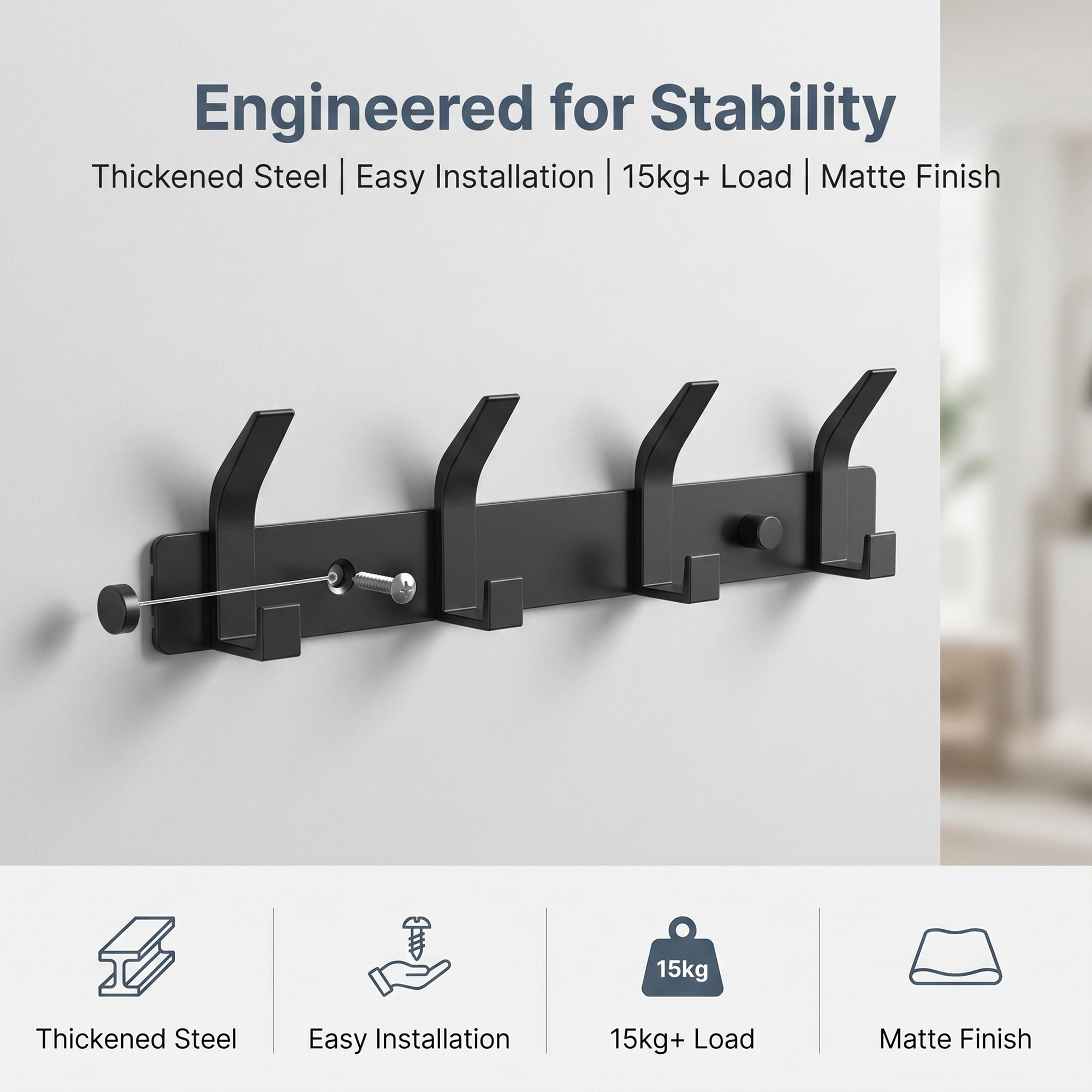 Unique Bargains Coat Rack Wall Mount Metal Hook for Bathroom and Bedroom Black 4 Hooks
