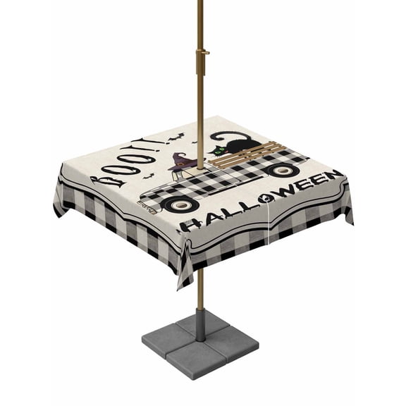 Outdoor Tablecloth with Umbrella Hole and Zipper, Halloween Square Table Cloth 60x60 Inch Waterproof Tablecloth, Spooky Horror Truck Black Cat Black Plaid Picnic Table Cover for Patio Camping