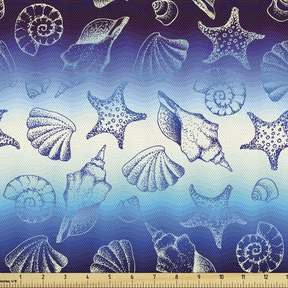 Blue Nautical Fabric by The Yard, Hand Drawn Marine Elements Starfish