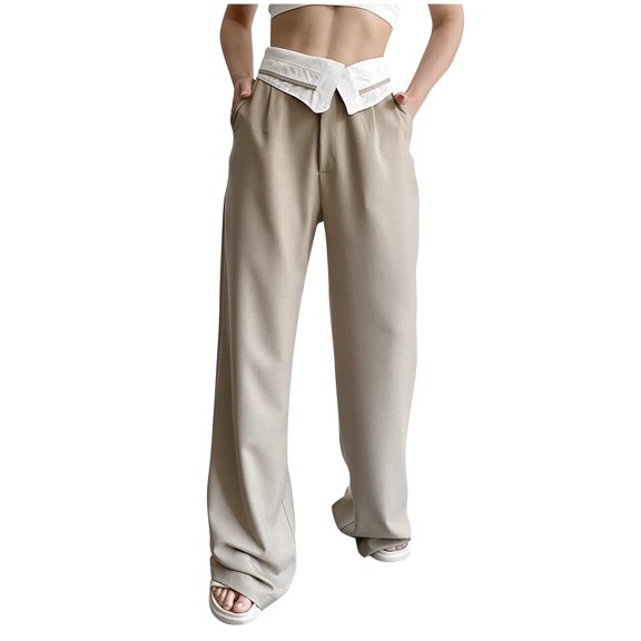 Bigersell Ripped Pants for Women Full Length Women's High Waist Pants Turned Waist Wide Leg Trousers Casual Slim Straight Trousers Stretch Overall Jean for Ladies