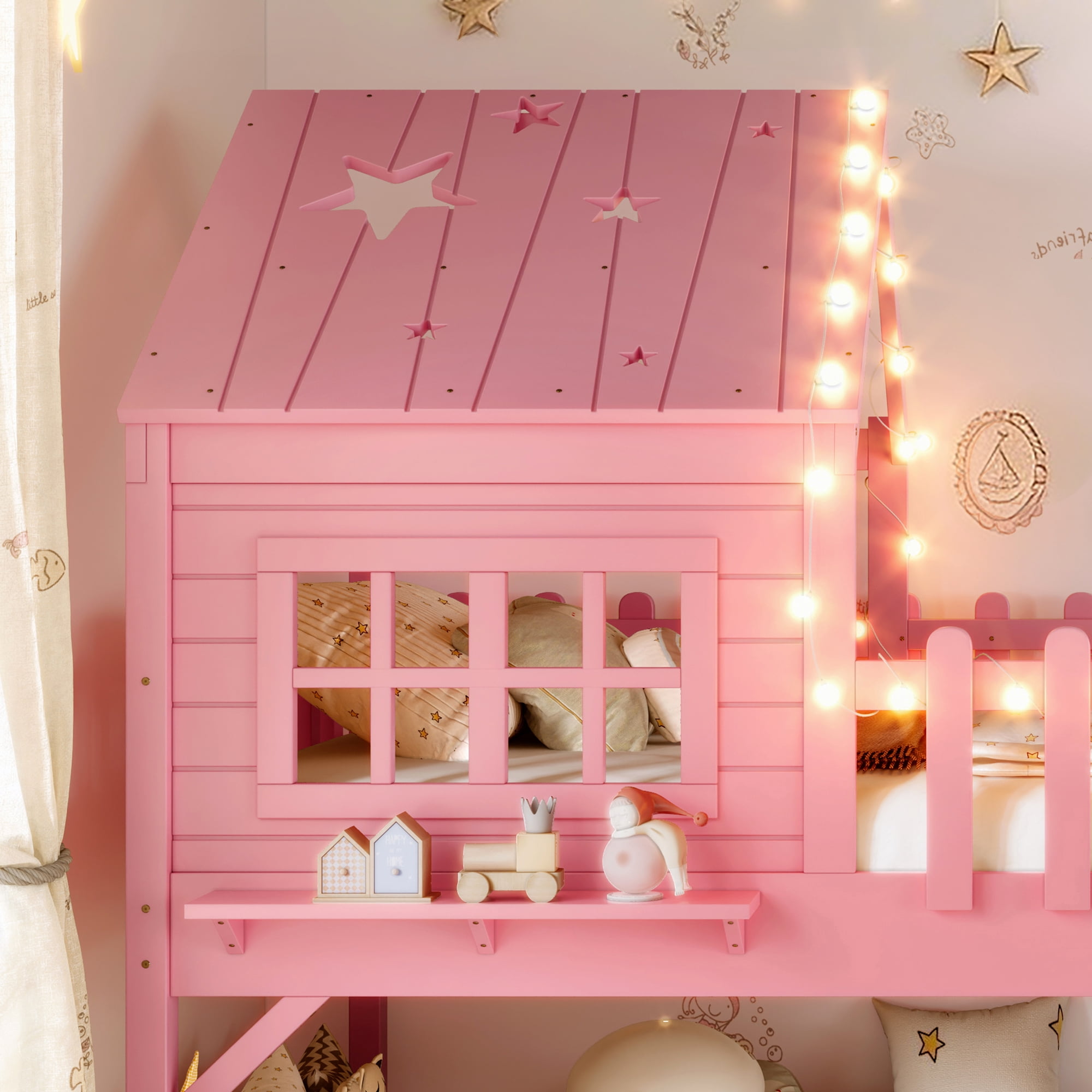 Mintazer Twin Size Kids House Loft Bed with Slide & LED Lights, Modern Playhouse Bed with Star Shaped Designs & Ladder, No Box Spring Needed, Pink
