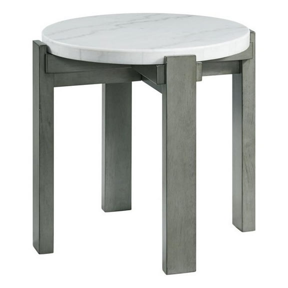 Pemberly Row Contemporary Round End Table in Gray with White Natural Marble Top