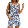 thumbnail image 4 of JULMCOMO 2 Piece Sets for Women Floral Print Square Neck Lightweight Summer Short Sets Drawstring Waisted Baggy Outfits with Pockets Navy M, 4 of 8
