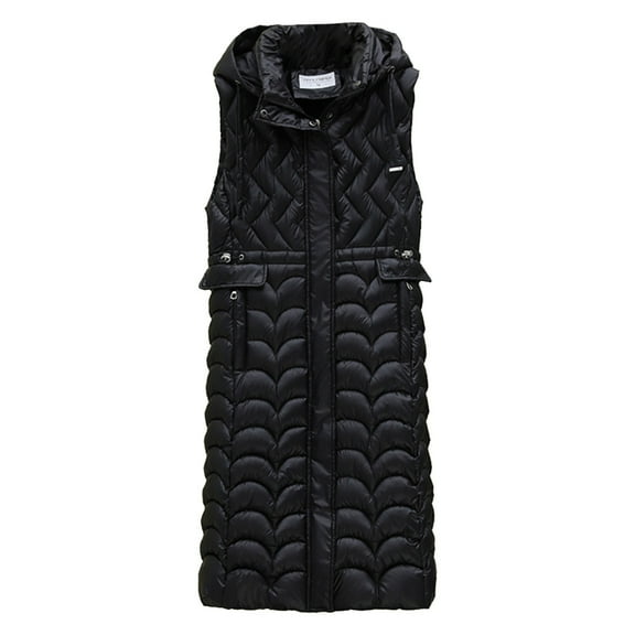 Gamivast Long Hooded Quilted Vest Women Oversized Zip up Sleeveless Puffer Jackets with Pockets Winter Stand Collar Drawstring Waist Coats Casual Work Solid Outerwear Womens Tops