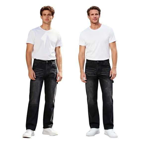 Smawell Men's Black Carpenter Jeans, Relaxed Fit Straight Leg Work Pants, Durable Double Knee Utility Jeans with Multi Pockets, Breathable Comfortable Casual Denim Pants for Work, Construction, Daily