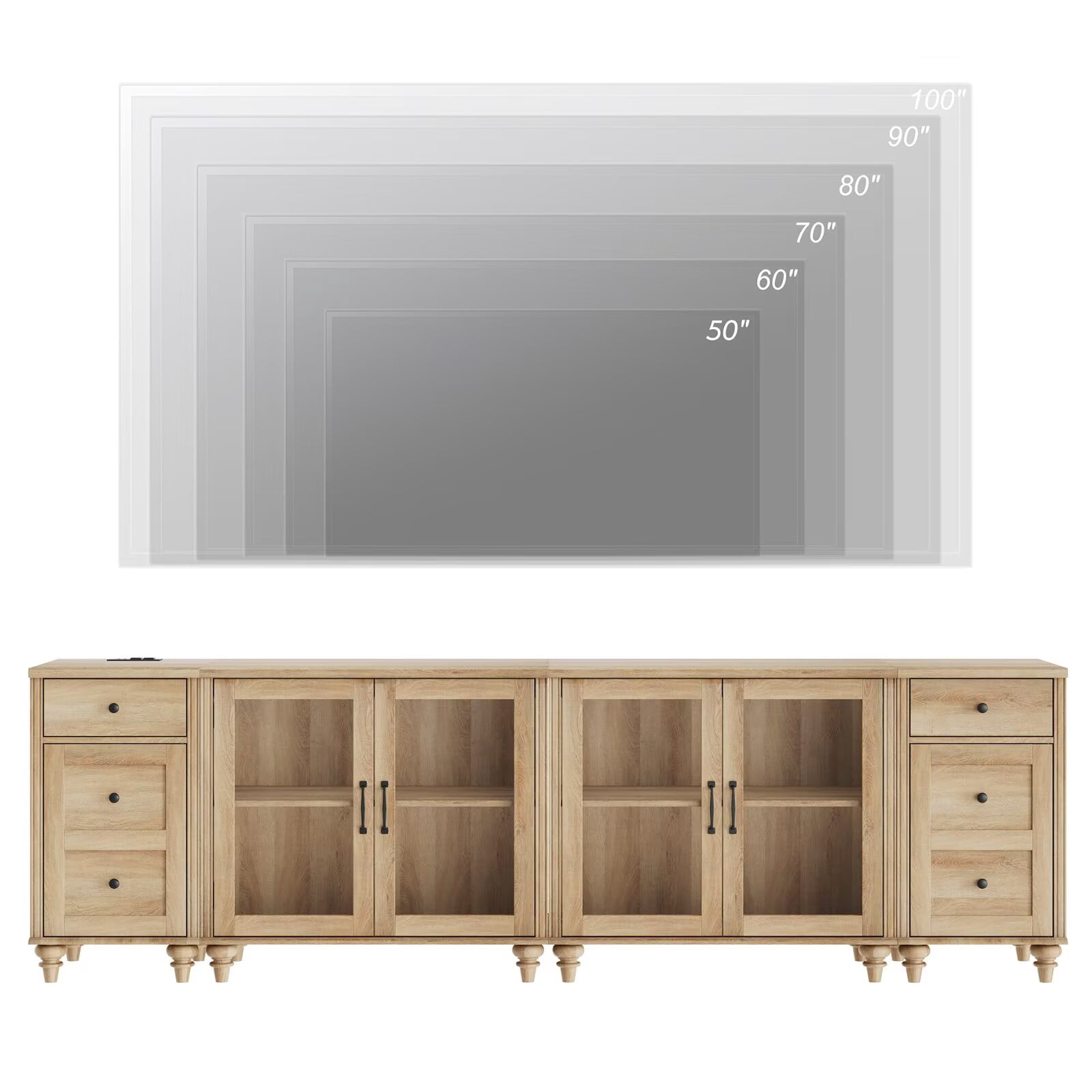Large TV Stand for 100-Inch TV, TV Console Table for 85/90/95-Inch TVs, Entertainment Center with Charging Station & Glass Door, Oak Kitchen Sideboard Buffet Cabinet for Dining Room