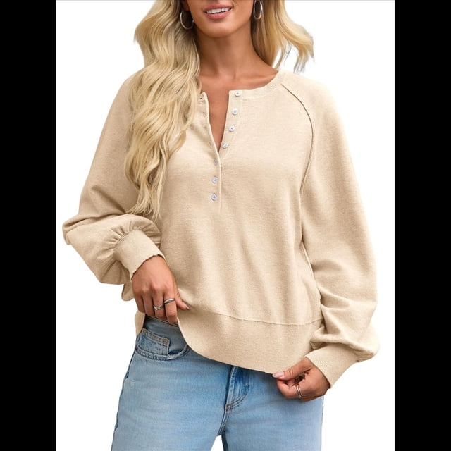 Suéter de Cuello Redondo con Botones para Mujer, Camisetas Henley de Larga de Otoño, Tops de Punto Holgados A Crema XXL