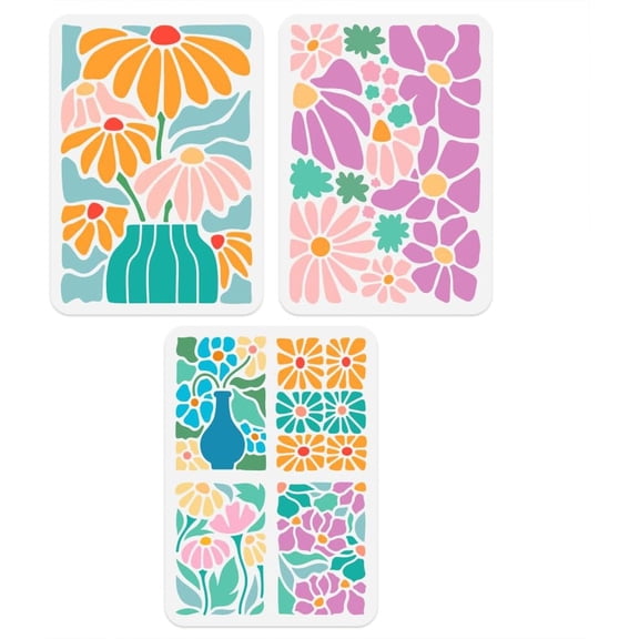 3Pcs Abstract Flower Stencils for Painting 11.7"x 8.3" Reusable Flat Floral Stencil Drawing Templates DIY Craft Paint Templates for Wall Decor Wood Burning Canvas Journal Fabric Card