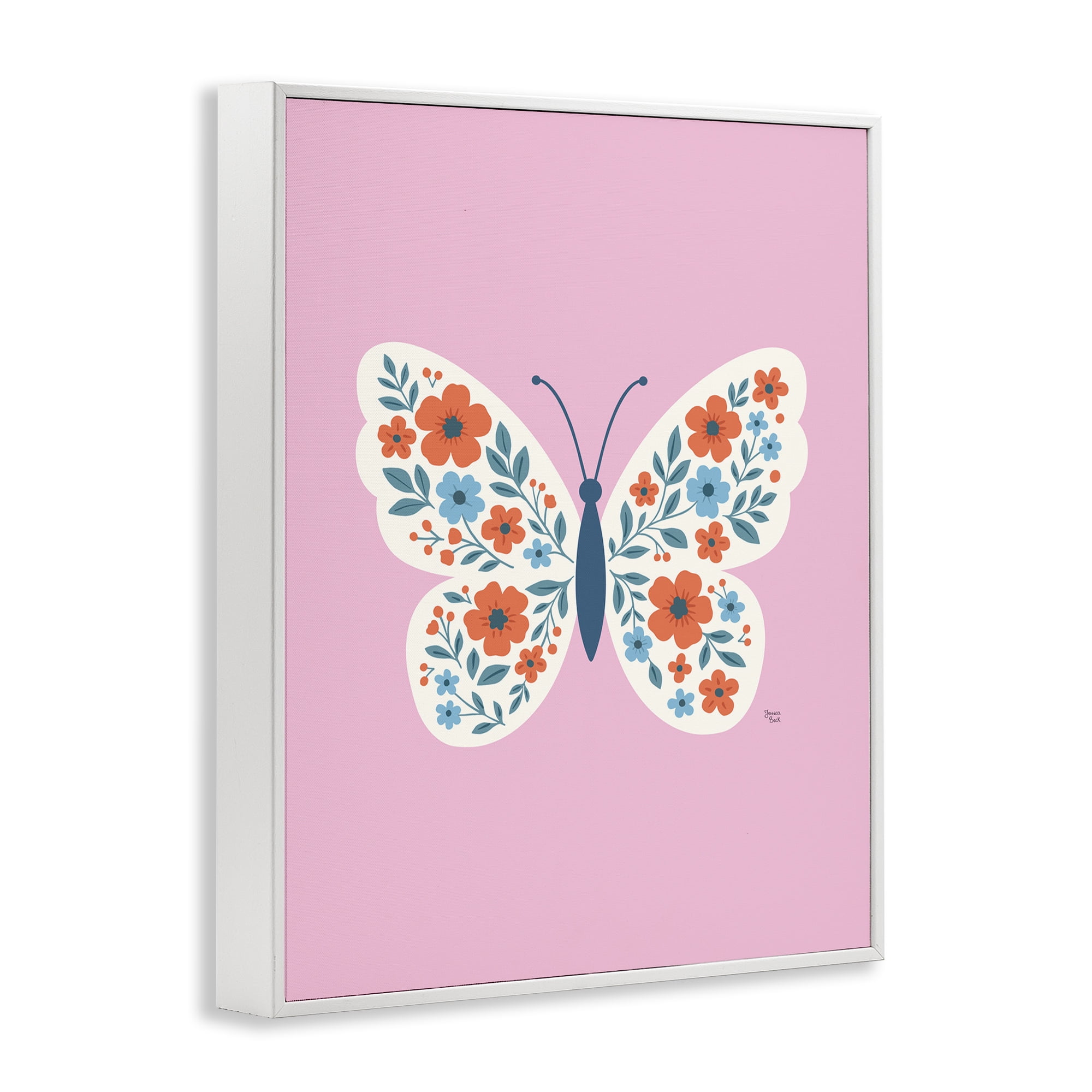 Boho Pink Floral Butterfly White Framed Giclee Art, design by Jessica Beck