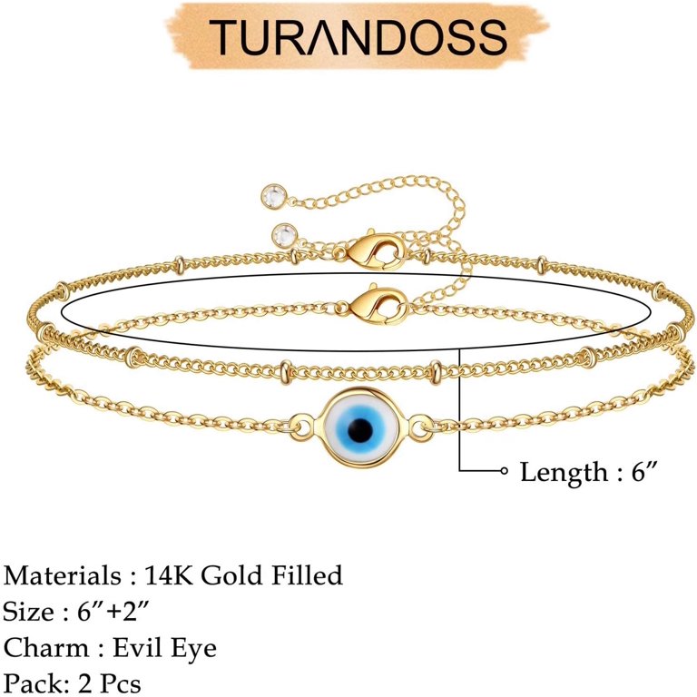 Dainty Gold Layered Bracelet Set For Women - 14K Gold Plated Evil Eye, Pearl, Turtle & Chain Adjustable Bracelets