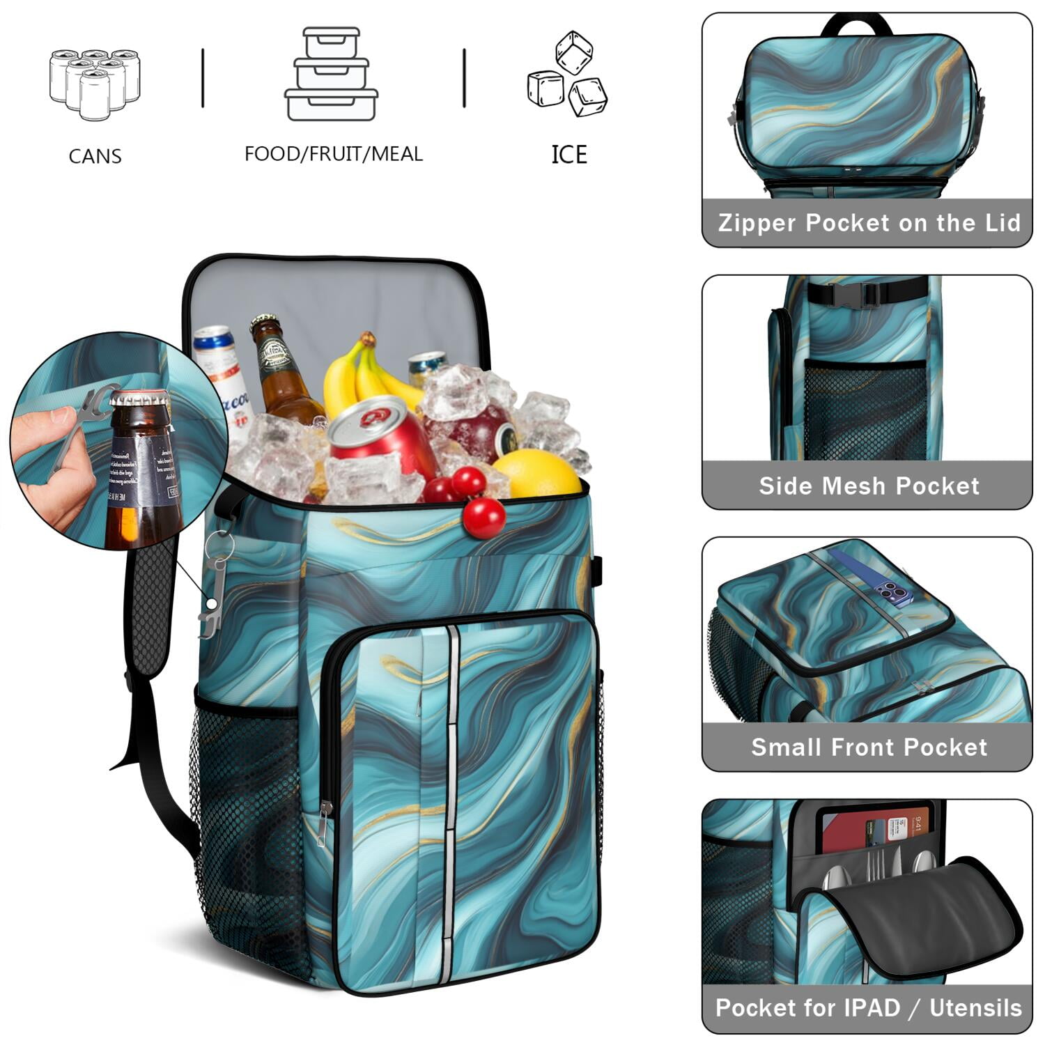 Travel Cooler Bag - Teal Gold Marble Camping Beer Cooler Backpack with Bottle Opener- Waterproof Insulated Picnic Backpacks - Cooler Bag for Beach